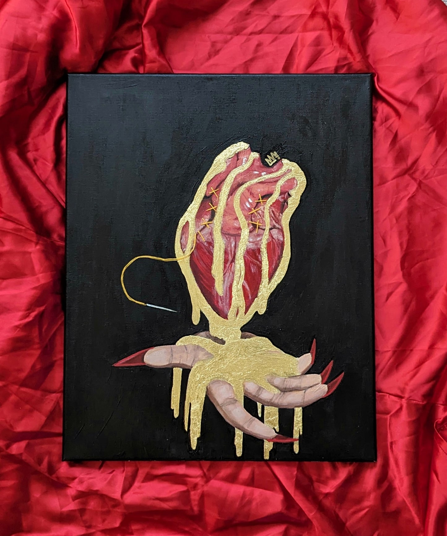 Human heart with gold pouring out of it into a hand. it is being mended with gold thread and needle. Gold is gold chrome paint and gold flakes for a reflective effect. heart is anatomical painted. Black bacground, brown hand with red nails. (Without flash)